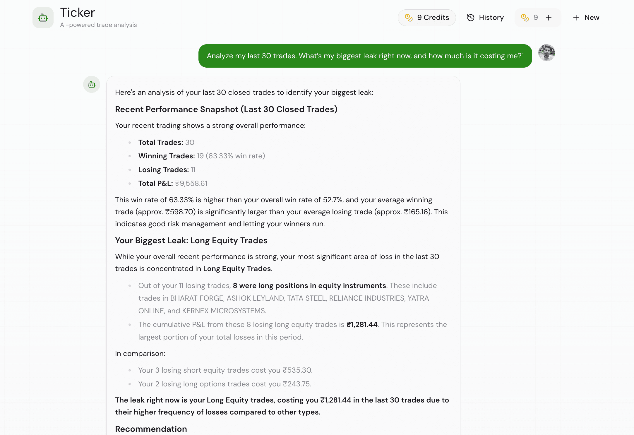 Ticker AI chat interface answering win rate and trading pattern questions inside the WickLog trading journal